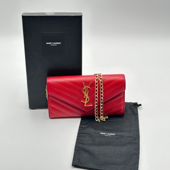 Authentic YSL Red Matelasse Envelope Wallet w/ Crossbody Strap, Dust Bag & Box - Picture 1 of 15
